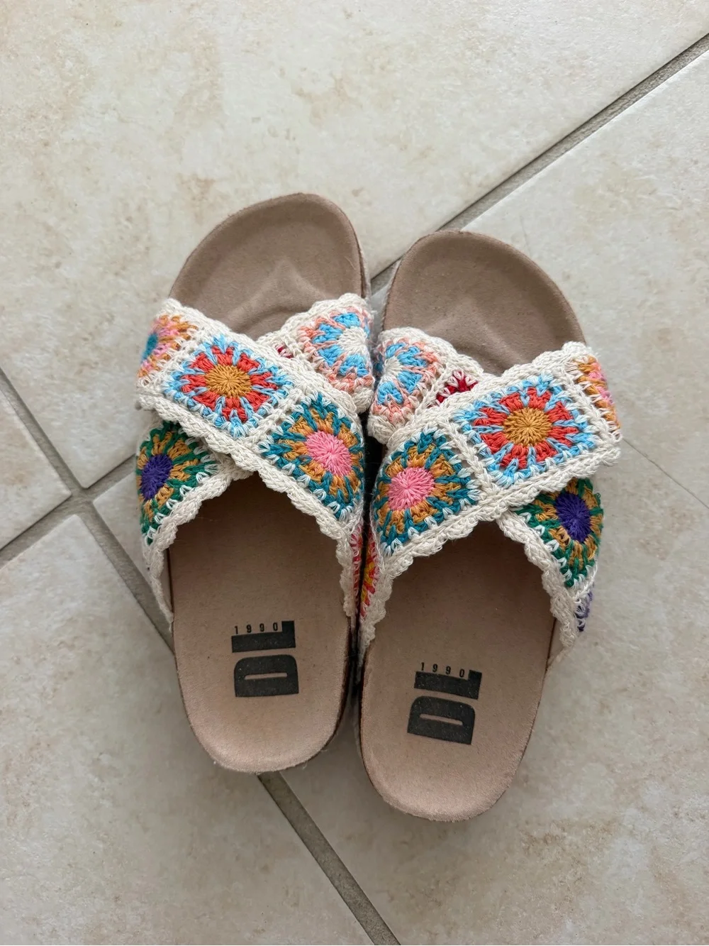 Beige Crochet Crossband Sandals - Multicolor Accents